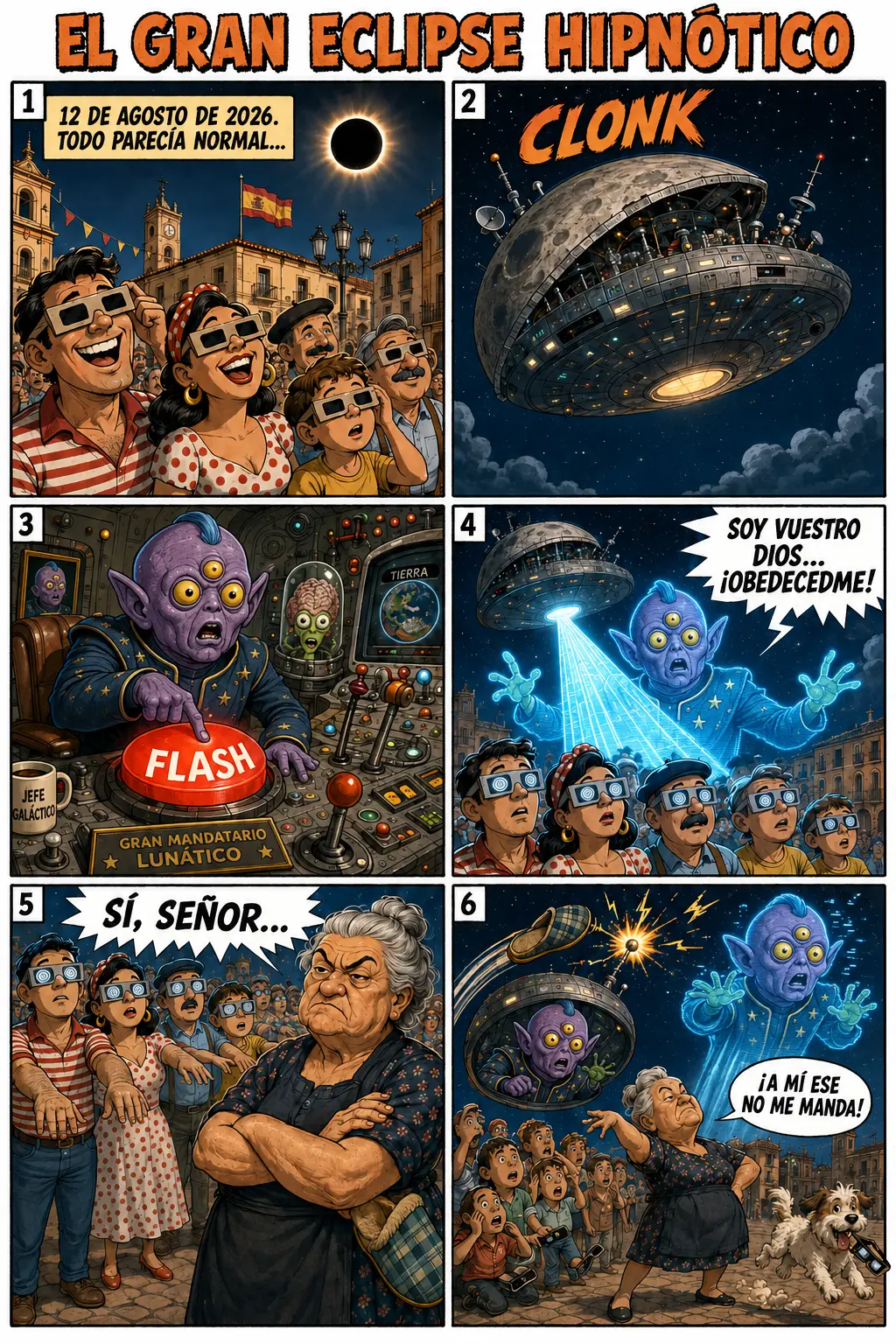 Cómic de seis viñetas en el que la Luna es un ovni y el Gran Mandatario Lunático intenta hipnotizar durante un eclipse a una multitud con gafas.