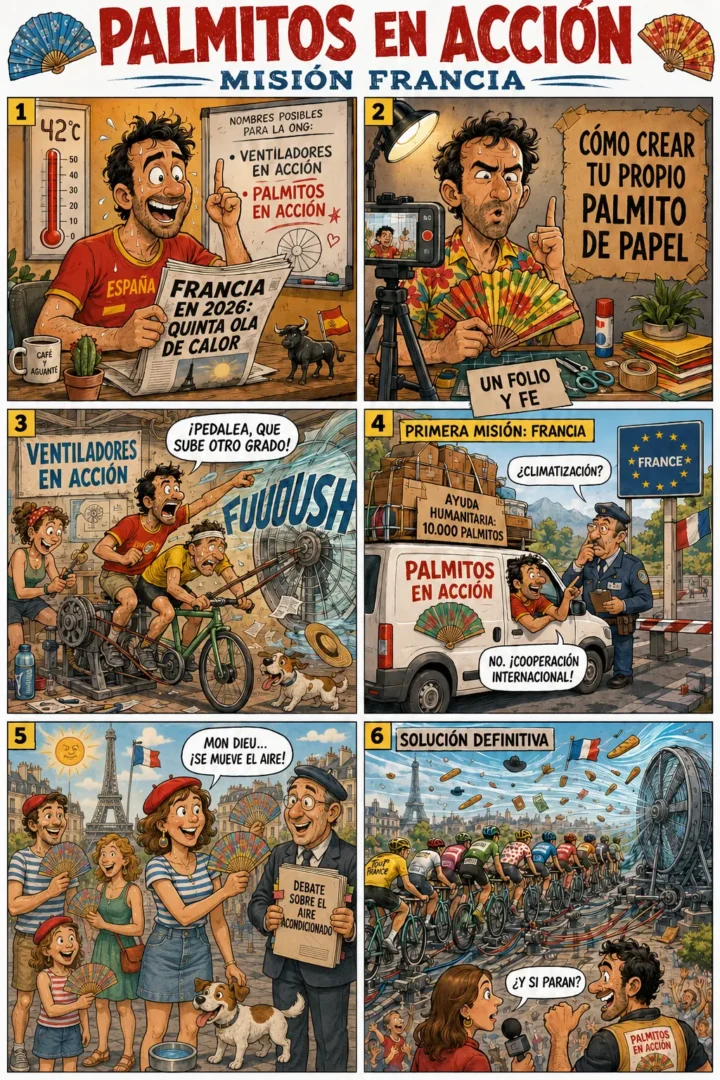 Cómic de seis viñetas sobre una ONG española que lleva abanicos y un gran ventilador de bicicletas a Francia durante una ola de calor